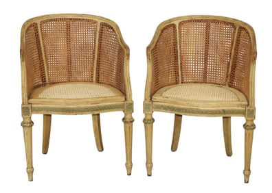 Pair of French Louis XV curved back bergère armchairs