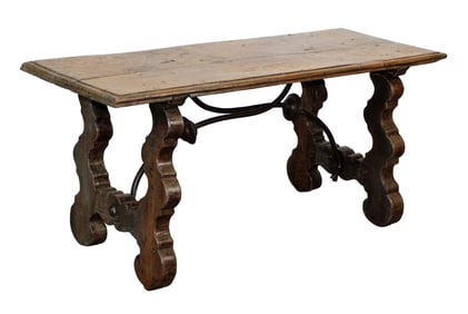 French oak bench/ coffee table with iron stretcher