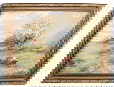 Watercolor on paper pastoral landscape painting with cows signed l/r C. Hicks 1924