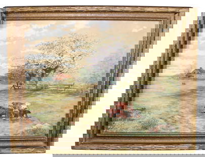 Watercolor on paper pastoral landscape painting with cows signed l/r C. Hicks 1924: Watercolor on paper pastoral landscape painting with cows signed l/r C. Hicks 1924 Overall 24 1/2"h x 29 3/4"w, Sight 19 1/4"h x 24 3/4"w Weight 10 lbs.