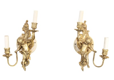 Pair of French Louis XV style bronze figural cherub 2 arm wall sconces