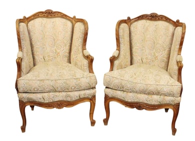 Pair of French Louis XV style upholstered bergère armchairs