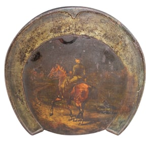 French painting of man on horseback on horseshoe form panel