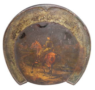 French painting of man on horseback on horseshoe form panel: French painting of man on horseback on horseshoe form panel. Early 20th century. 19 1/4"h x 18 5/8"w overall. Weight: 4lbs