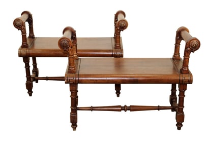 Pair of French Empire style benches with rolled arms