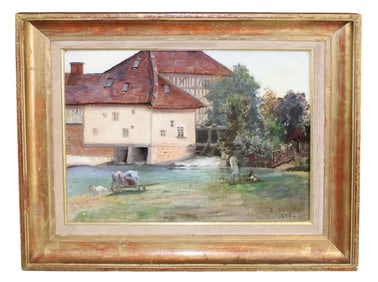 English oil on board painting of village with river and fisherman, dated 1895
