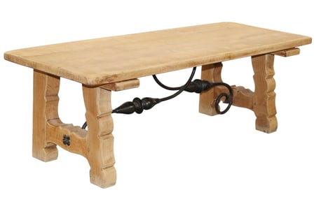 Spanish style bleached oak low table/bench with iron stretcher