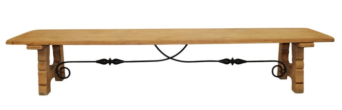 French bleached oak bench with iron stretcher