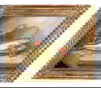 Continental oil on canvas painting of still life with fish