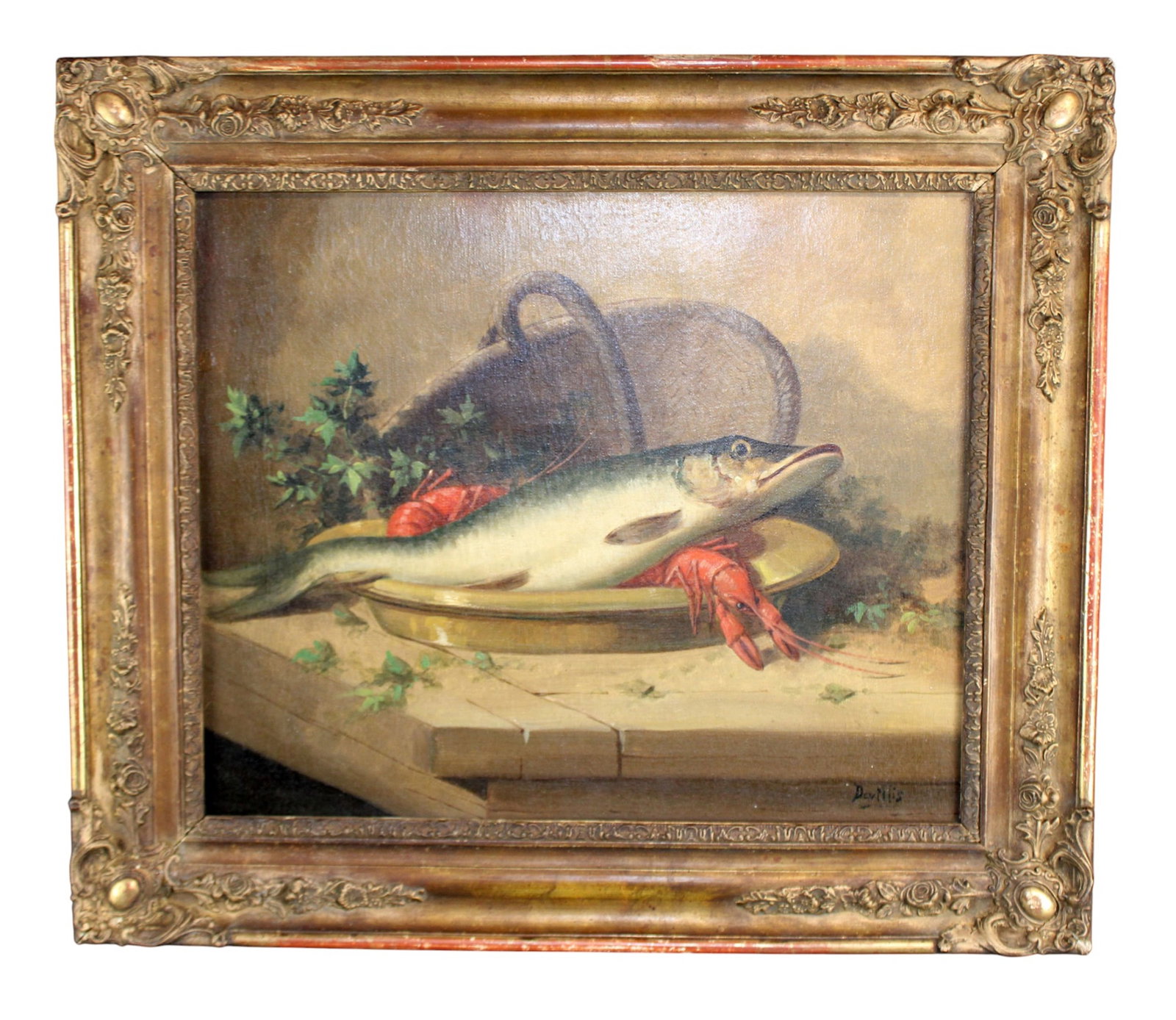 Continental oil on canvas painting of still life with fish: Continental oil on canvas painting of still life with fish and shellfish signed lower right Devillis. Overall 20 1/2"h x 23 1/2"w, sight size 14 1/4"h x 17 1/4"w. Weight: 4lbs