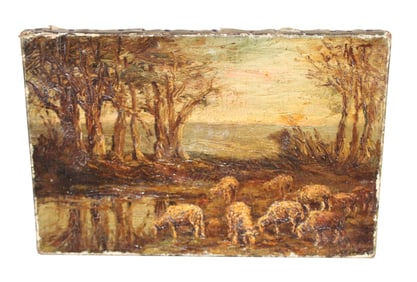 French miniature oil on canvas painting pastoral with sheep