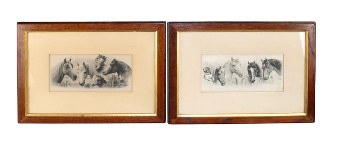 Pair of French horse engravings in oak frames