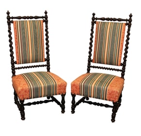 Pair of French side chairs with barley twist back and striped upholstery