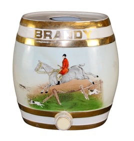 Victorian porcelain brandy keg with jockey on horseback