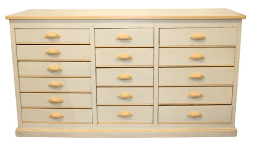 French painted store counter with 16 drawers