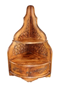 French Provincial tiered corner shelf in walnut with musical carvings