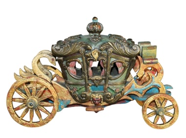 French polychrome miniature carved wood carriage with swans