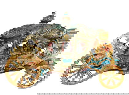 French polychrome miniature carved wood carriage with swans: French polychrome miniature carved wood carriage with swans. 11 1/2"h x 8 1/2"w x 17 3/4"d. Weight: 4lbs
