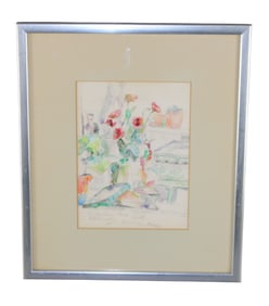 Herman Rose mixed media on paper depicting floral still life