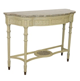 Theodore Alexander Louis XVI style console table with marble top and painted finish
