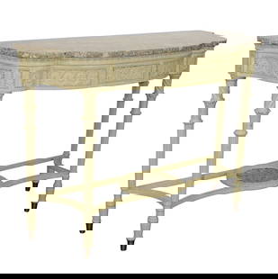 Theodore Alexander Louis XVI style console table with marble top and painted finish: Theodore Alexander Louis XVI style painted console table with tessellated marble top. Late 20th century. 34 1/2"h x 48 5/8"w x 17 1/2"d