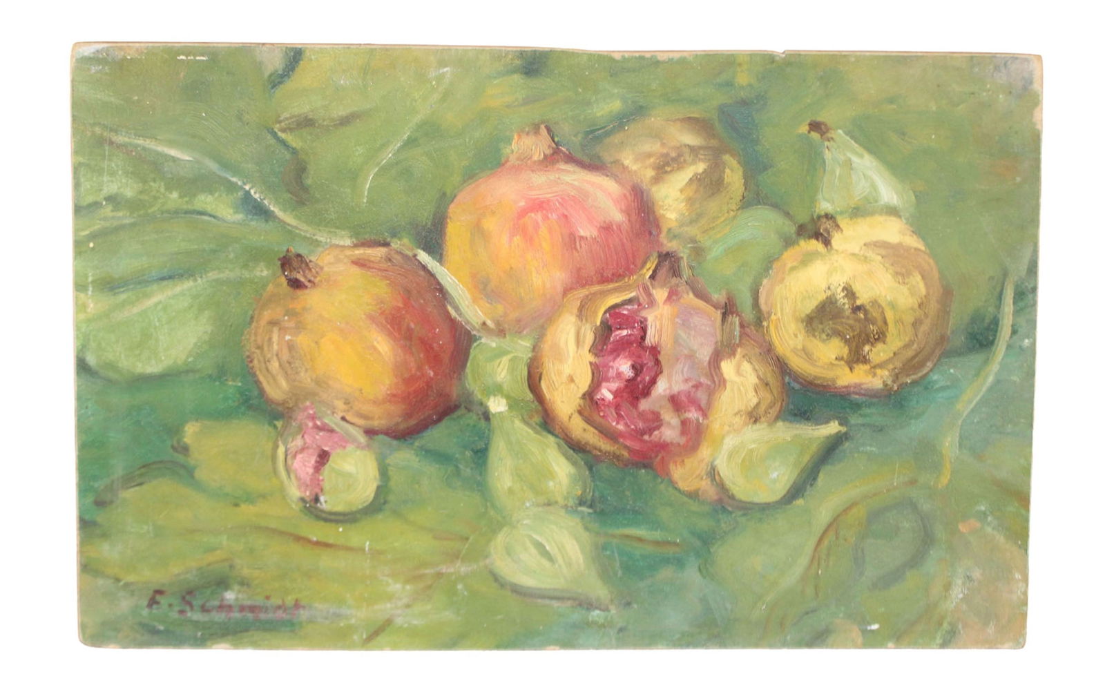 French oil on board painting still life with pomegranates: French oil on board painting still life with pomegranates. Signed l/l F. Schmidt 10 1/2"h x 16"w Weight: 1lb