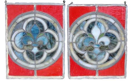 Pair of stained and leaded glass panels with fleur de lys