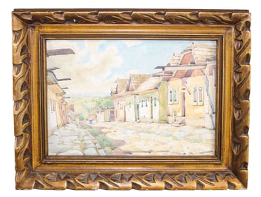 English watercolor on paper painting of village scene, signed l/r