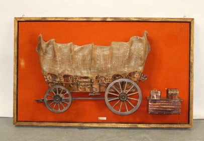 Copper stagecoach mounted on board with 8 track