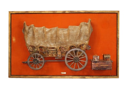 Copper stagecoach mounted on board with 8 track