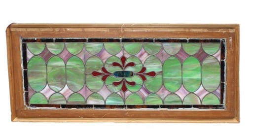 American stained and leaded glass transom window with stylized fleur de lys