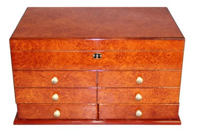 El Diablo cigar humidor with key in birds eye maple and Spanish cedar lining