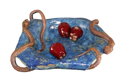 Artisan California pottery bowl "Garden of Eden" with 3 apples
