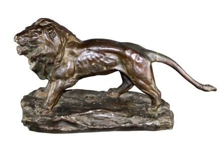 Bronze walking lion sculpture