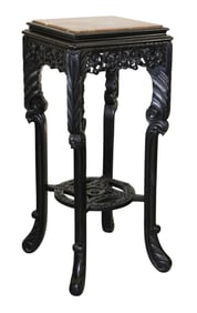Pierce carved ebonized square top pedestal with marble