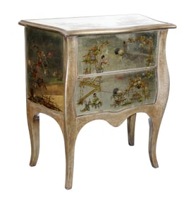 Chinoiserie mirrored 2 drawer commode with silver painted finish