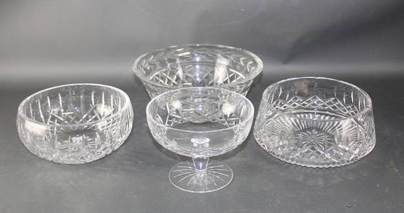 Lot of 4 Waterford crystal bowls: Lot of 4 Waterford crystal bowls. 4"h x 7 1/2"dia, 4"h x 9 1/4"dia (multiple chips in the rim), 3 3/4"h x 7"dia, footed bowl 4 1/2"h x 6 1/8"dia. Weight: 10lbs