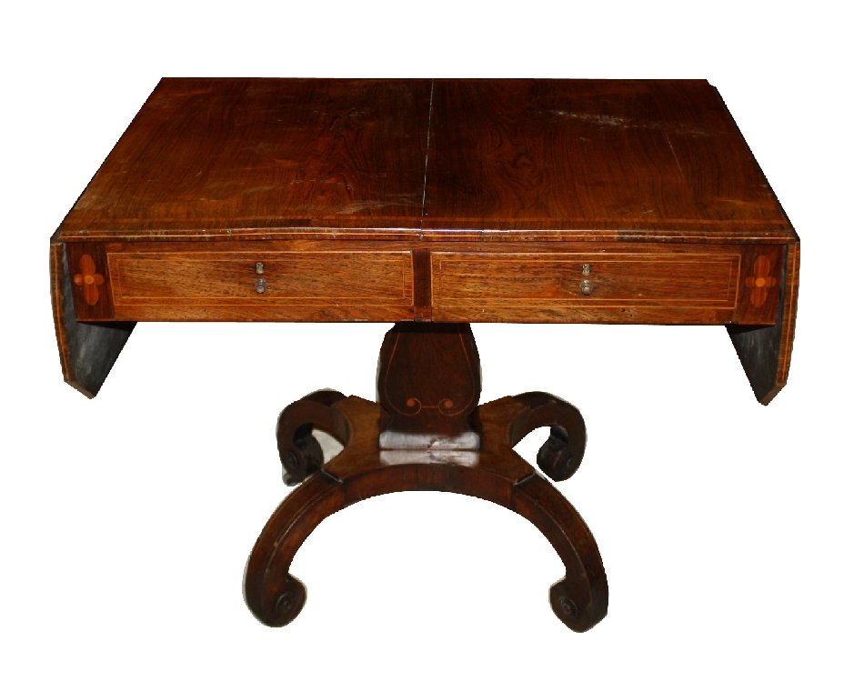 English Regency drop side sofa table with lyre base: and feather banding on the drawers. Mid-19th century. 28 3/8"h x 55 1/4"w x 24 1/8"d
