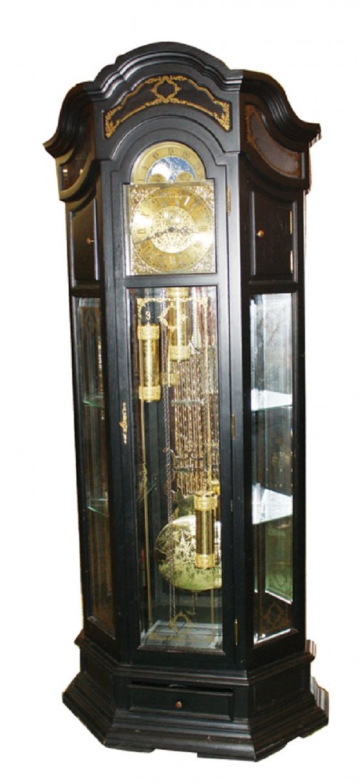 German Kieninger tall clock in ebonized case: 85"h x 35"w x 13"d