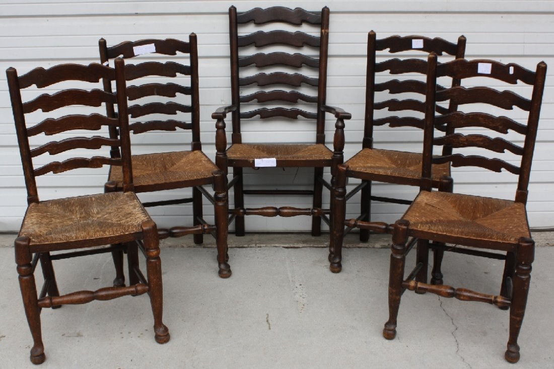 Set of 5 ladder back rush seat chairs-1 arm, 4 side: 37 1/2"h x 16 1/2"d