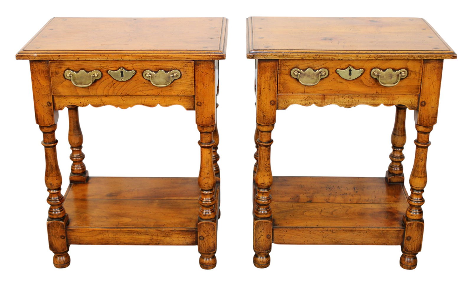 Pair of English side tables with drawer: Pair of English side tables with drawer. In yew wood. Mid 20th century. 22"h x 18 1/8"w x 12 3/4"d