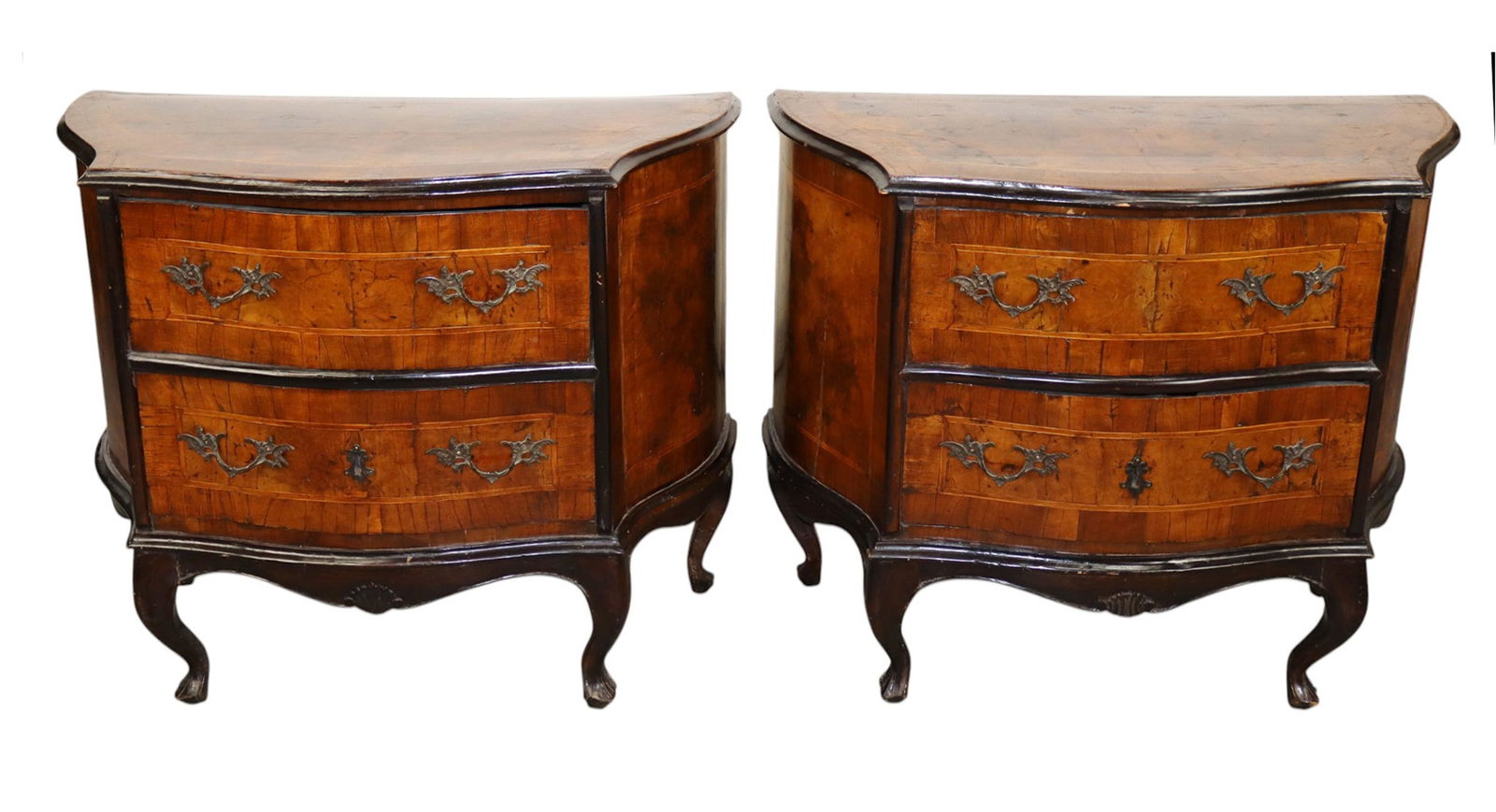 Pair of Italian petite 2 drawer commodes in burled walnut