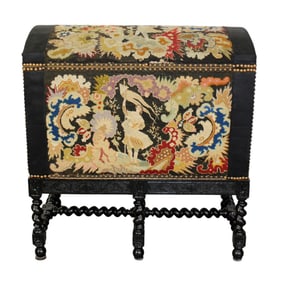 French Louis XIII tapestry upholstered dome top trunk on barley twist stand
