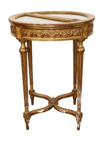 French Louis XVI style round giltwood jewelry display vitrine with glass lift top