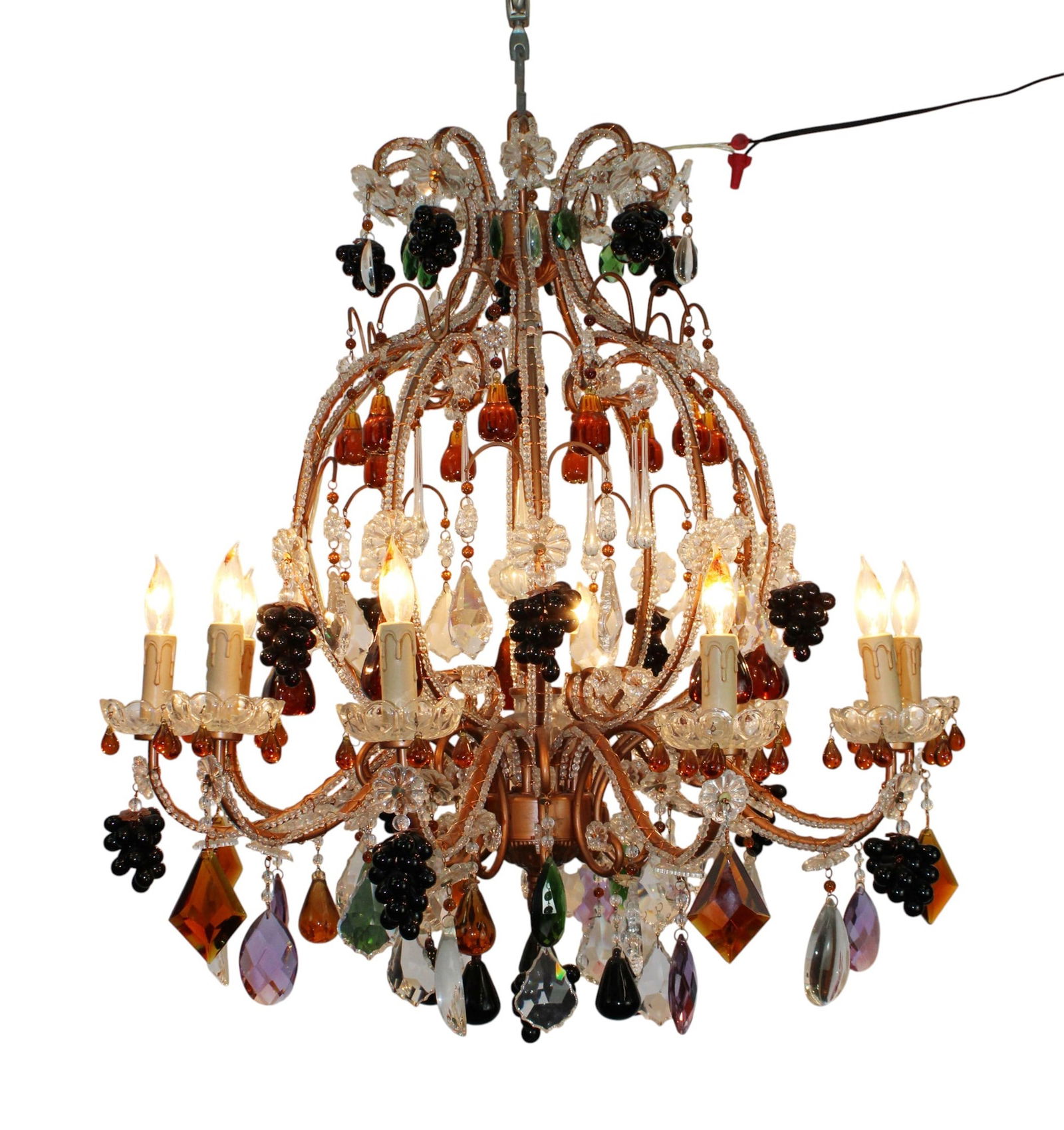 Venetian 10 light chandelier with glass fruit and beads: Venetian 10 light chandelier with glass fruit and beads. 21st century. Approx. 31"h x 26"w