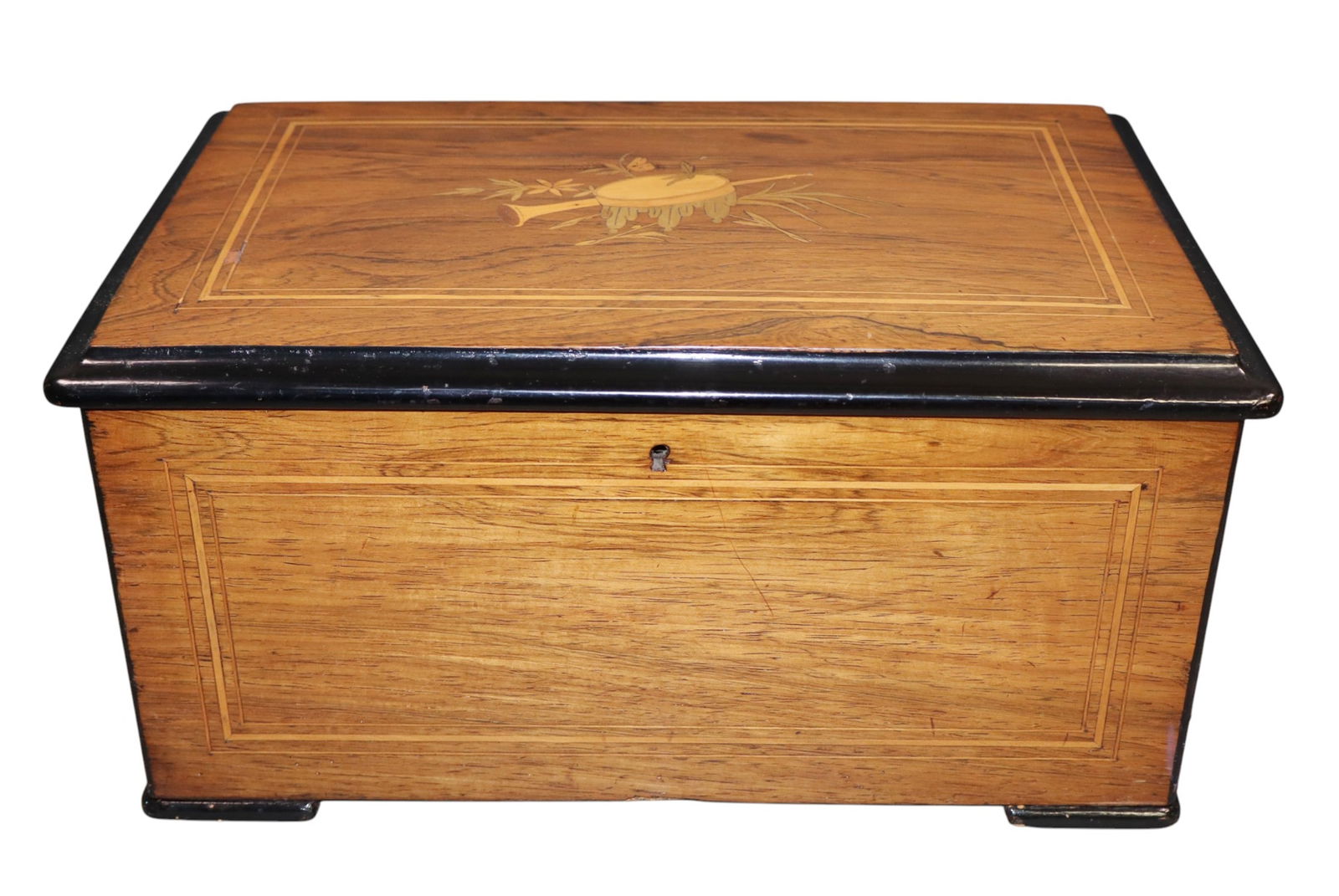 Swiss 6 tune cylinder music box in inlaid case: Swiss 6 tune cylinder music box in inlaid case. Early 20th century. 7 1/2"h x 16"w x 10"d. Weight: 13lbs