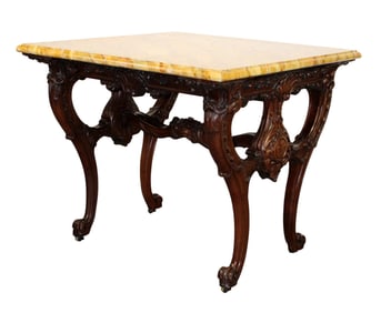 French Louis XV style carved walnut square table with faux marble painted top