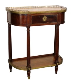 French Louis XVI style curved side table with marble top and brass gallery