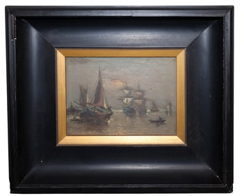 Miniature oil on board painting ships at sea