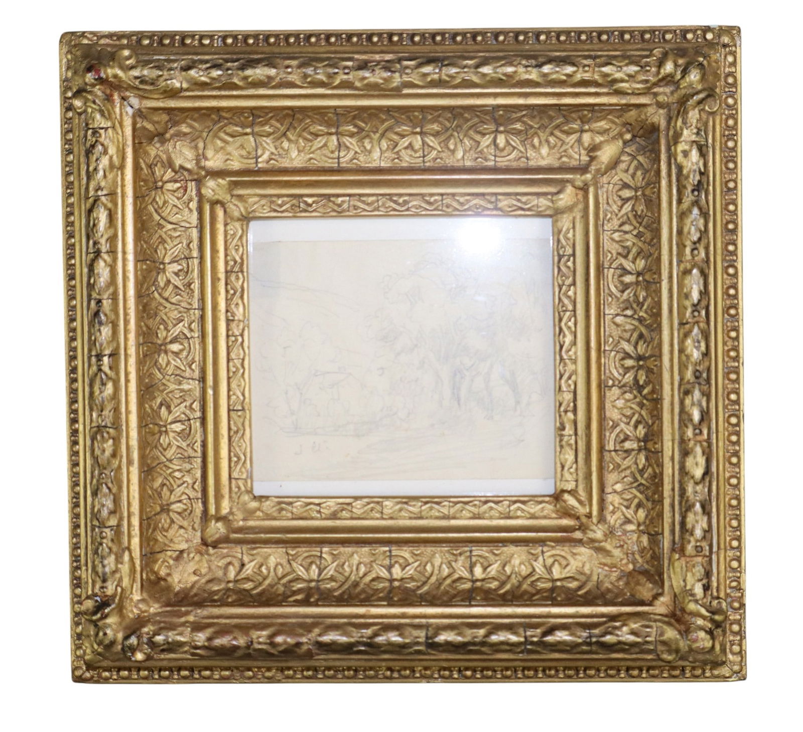 Miniature landscape pencil drawing on paper in gilt frame (1 of 7)